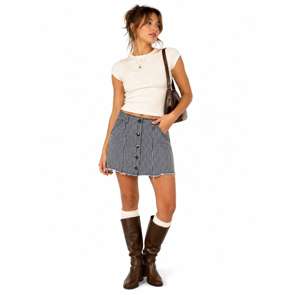 Coastal Navy Striped Button Front Mini Skirt Raw Hem Knot Sister Medium